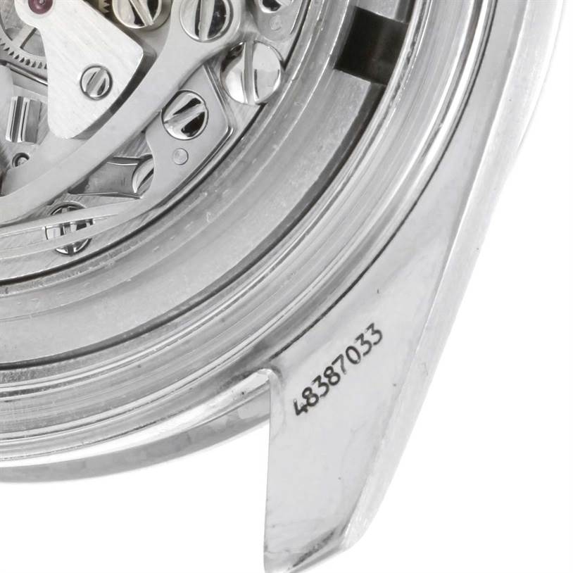 This image shows the intricate internal mechanisms of the Omega Speedmaster 3570.50.00 Men
s Stainless Steel Black Dial 3570.50.00 Men
s Stainless Steel Black Dial watch viewed from the rear case with its serial number visible.