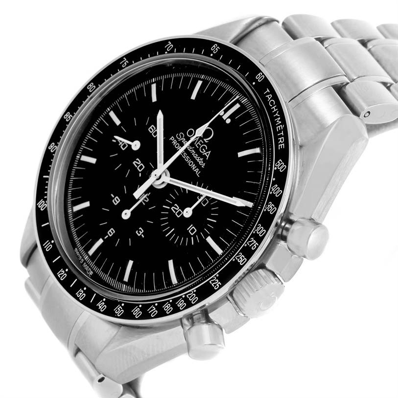 The Omega Speedmaster 3570.50.00 Men
s Stainless Steel Black Dial 3570.50.00 Men
s Stainless Steel Black Dial watch is shown at an angle highlighting its face, bezel, crown, and a portion of the band.