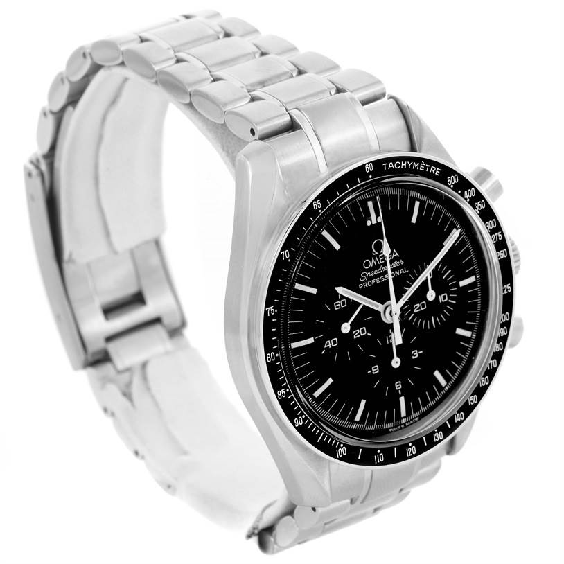 The image shows an Omega Speedmaster 3570.50.00 Men
s Stainless Steel Black Dial 3570.50.00 Men
s Stainless Steel Black Dial watch at a three-quarter angle, highlighting its dial, bezel, and bracelet.