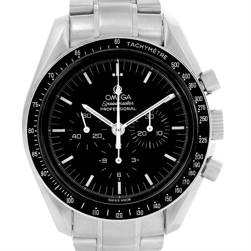 The image shows a front view of an Omega Speedmaster 3570.50.00 Men
s Stainless Steel Black Dial 3570.50.00 Men
s Stainless Steel Black Dial Professional watch, highlighting its dial, bezel, and bracelet.