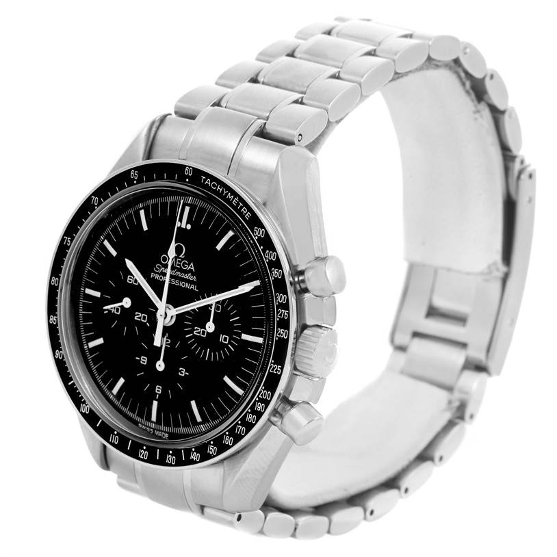 The image shows an Omega Speedmaster 3570.50.00 Men
s Stainless Steel Black Dial 3570.50.00 Men
s Stainless Steel Black Dial watch at a slight angle, highlighting its black dial, tachymeter bezel, and stainless steel bracelet.