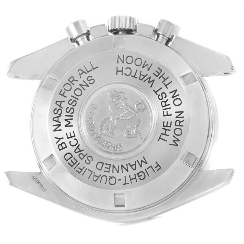 The image shows the back of an Omega Speedmaster 3570.50.00 Men
s Stainless Steel Black Dial 3570.50.00 Men
s Stainless Steel Black Dial watch, highlighting the engraved text and emblem.