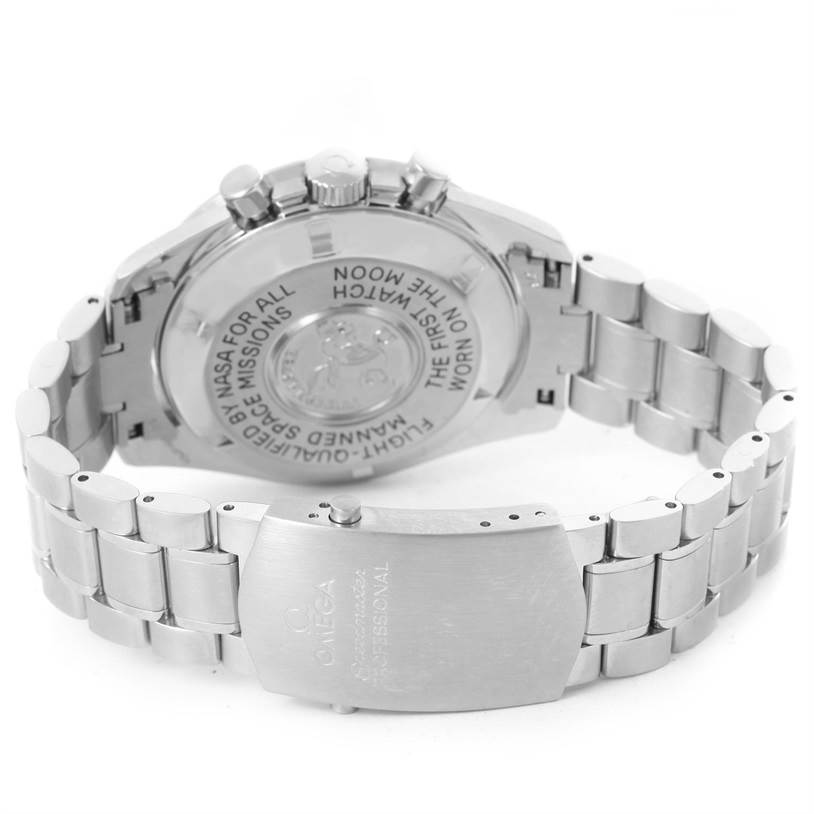 The image shows the back case, crown, and stainless-steel bracelet of the Omega Speedmaster 3570.50.00 Men
s Stainless Steel Black Dial 3570.50.00 Men
s Stainless Steel Black Dial watch, viewed from an angle.