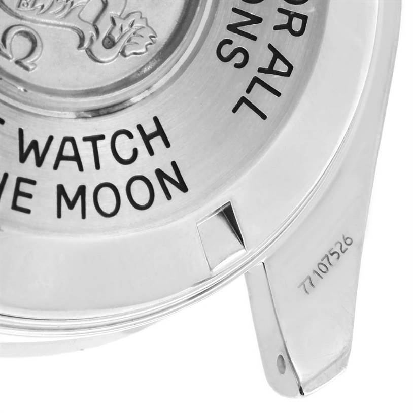 The image shows the back case of an Omega Speedmaster 3570.50.00 Men
s Stainless Steel Black Dial 3570.50.00 Men
s Stainless Steel Black Dial watch, highlighting the engraved text and serial number.