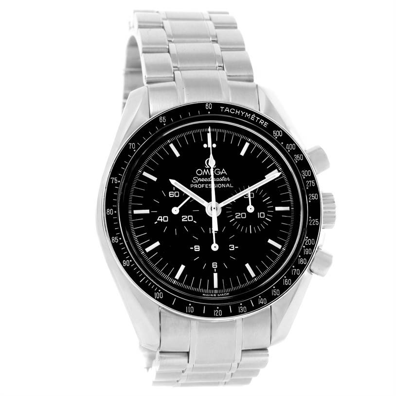 The Omega Speedmaster 3572.50.00 Men
s Stainless Steel Black Dial 3572.50.00 Men
s Stainless Steel Black Dial is shown from the front, displaying the black dial, tachymeter bezel, subdials, and stainless steel bracelet.