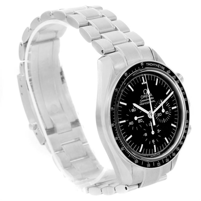 The image shows an Omega Speedmaster watch at an angled side view, highlighting its face, bezel, and metal bracelet.