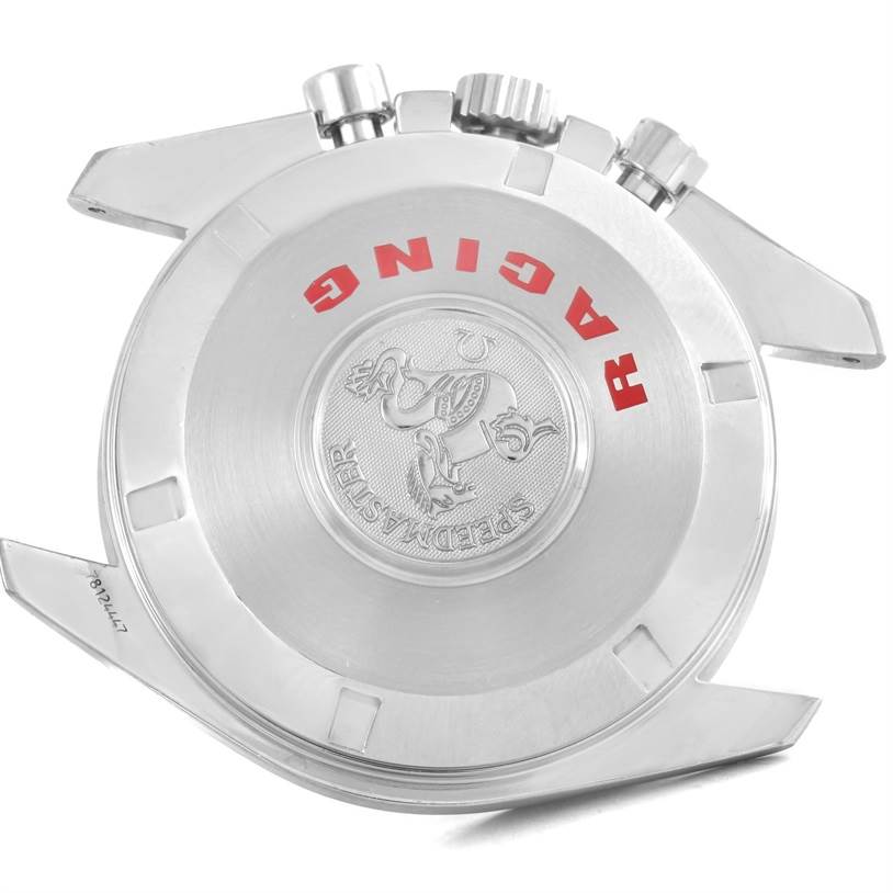 The image shows the back case view of the Omega Speedmaster 3552.59.00 Men
s Stainless Steel Black Dial 3552.59.00 Men
s Stainless Steel Black Dial, highlighting its engraved logo and text on the backside.