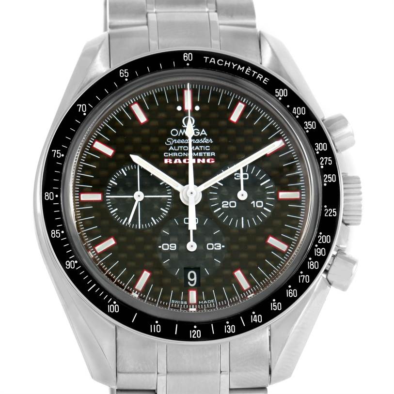 The image shows the front view of an Omega Speedmaster 3552.59.00 Men
s Stainless Steel Black Dial 3552.59.00 Men
s Stainless Steel Black Dial watch, highlighting its dial, tachymeter bezel, and chronograph subdials.