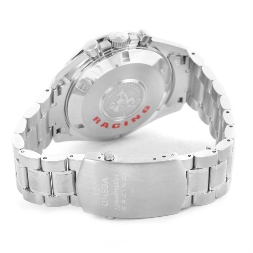 The image shows the back case and bracelet clasp of an Omega Speedmaster 3552.59.00 Men
s Stainless Steel Black Dial 3552.59.00 Men
s Stainless Steel Black Dial Racing watch.