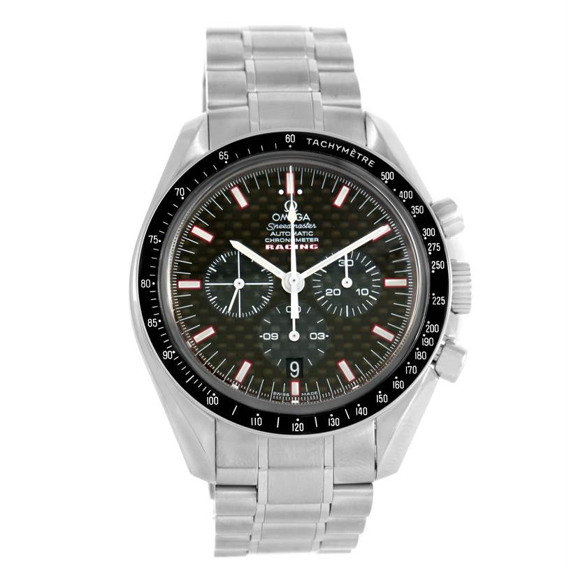 The image shows a front view of an Omega Speedmaster 3552.59.00 Men
s Stainless Steel Black Dial 3552.59.00 Men
s Stainless Steel Black Dial Racing Chronometer watch, including its face, bezel, and stainless steel bracelet.