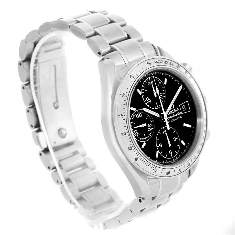 The Omega Speedmaster 3513.50.00 Men
s Stainless Steel Black Dial 3513.50.00 Men
s Stainless Steel Black Dial watch is shown at a slight angle, highlighting its face, bezel, and metal bracelet.