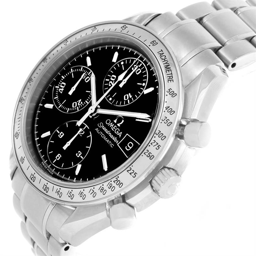 The image shows an angled side view of an Omega Speedmaster 3513.50.00 Men
s Stainless Steel Black Dial 3513.50.00 Men
s Stainless Steel Black Dial watch, highlighting the dial, bezel, and bracelet.