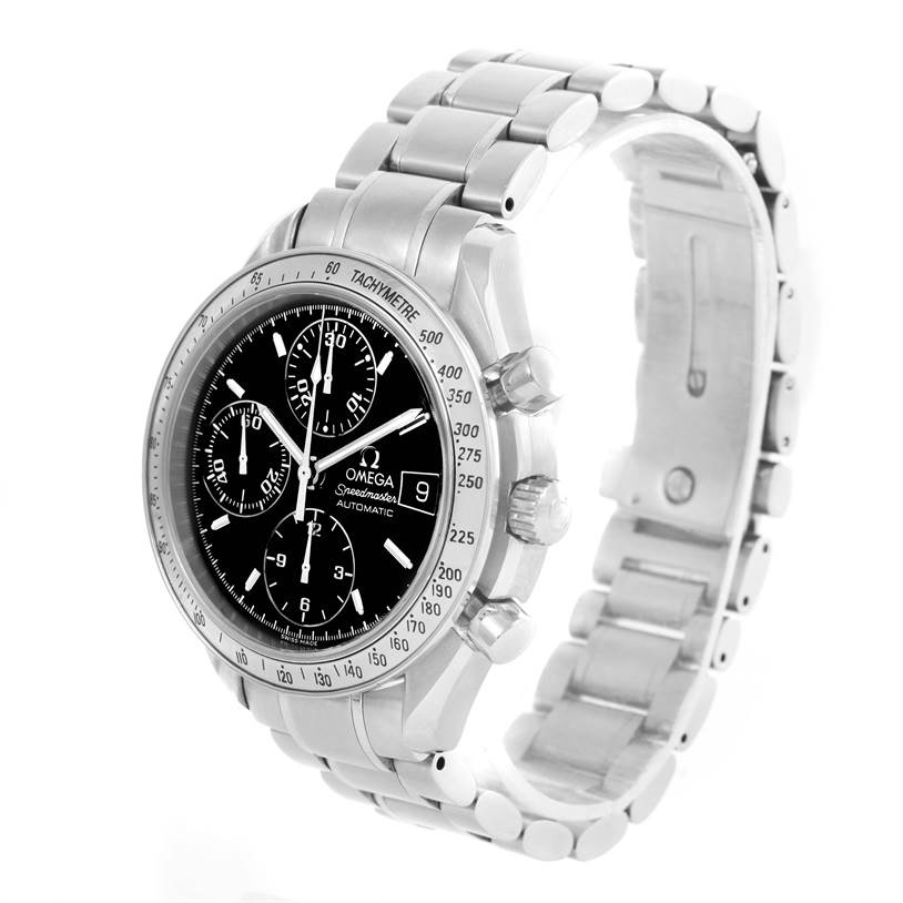 The image shows an Omega Speedmaster 3513.50.00 Men
s Stainless Steel Black Dial 3513.50.00 Men
s Stainless Steel Black Dial watch at a three-quarter angle, highlighting the face, bezel, and bracelet.