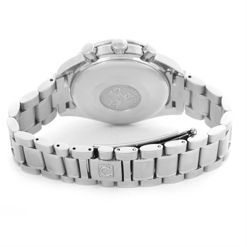 The image shows the back case and bracelet clasp of an Omega Speedmaster 3513.50.00 Men
s Stainless Steel Black Dial 3513.50.00 Men
s Stainless Steel Black Dial watch from a rear angle.