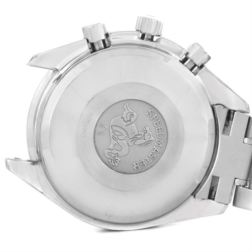 The image shows the back case, crown, and lugs of an Omega Speedmaster 3513.50.00 Men
s Stainless Steel Black Dial 3513.50.00 Men
s Stainless Steel Black Dial watch.