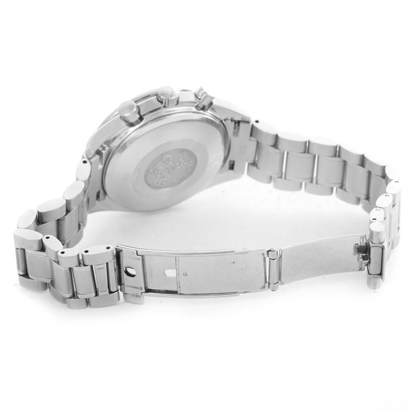 The image shows the back view of the Omega Speedmaster 3513.50.00 Men
s Stainless Steel Black Dial 3513.50.00 Men
s Stainless Steel Black Dial watch, highlighting the case back and metal bracelet with an open clasp.