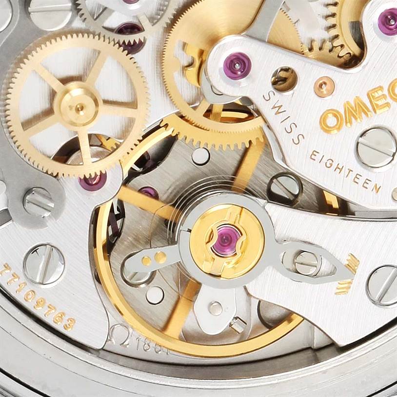 This image shows a close-up view of the inner mechanical movement of an Omega Speedmaster 3570.50.00 Men
s Stainless Steel Black Dial 3570.50.00 Men
s Stainless Steel Black Dial watch.