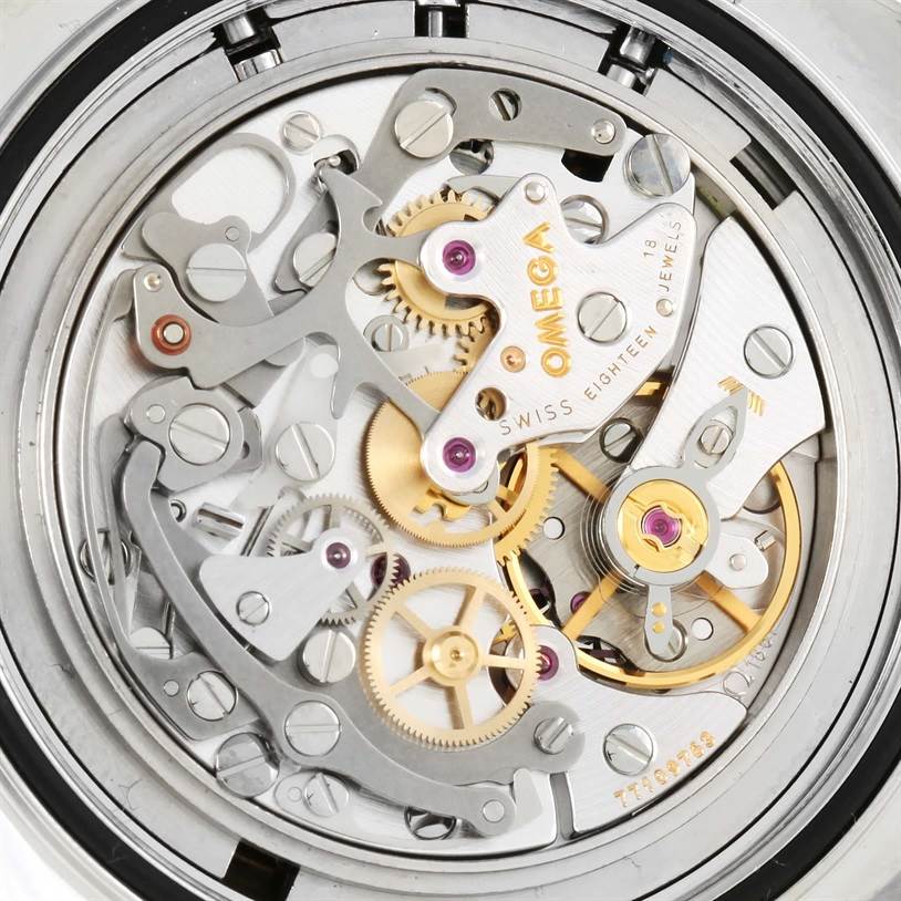 This image shows the intricate internal mechanism of an Omega Speedmaster 3570.50.00 Men
s Stainless Steel Black Dial 3570.50.00 Men
s Stainless Steel Black Dial watch, viewed from the back case.