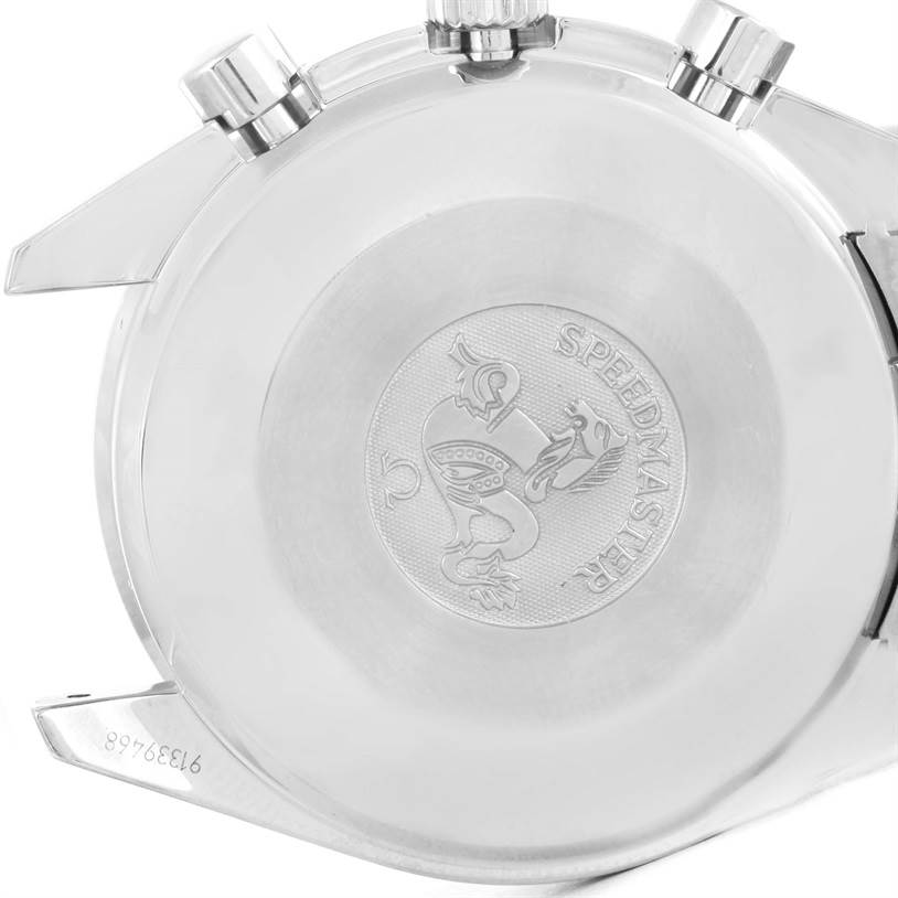 The image shows the back casing of an Omega Speedmaster 3539.50.00 Men
s Stainless Steel Black Dial 3539.50.00 Men
s Stainless Steel Black Dial watch, highlighting the engraved emblem and model name.