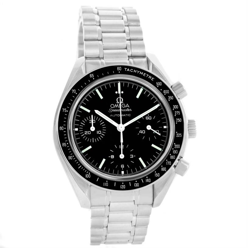 This image shows the front angle of an Omega Speedmaster 3539.50.00 Men
s Stainless Steel Black Dial 3539.50.00 Men
s Stainless Steel Black Dial watch, highlighting the dial, bezel, pushers, and metal bracelet.