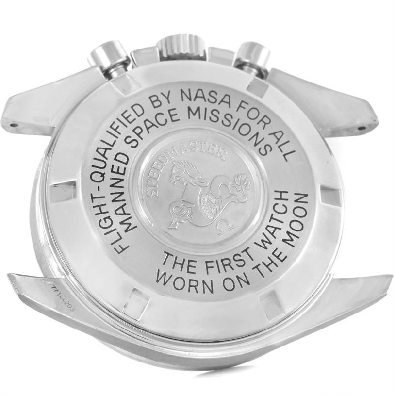 The image shows the back case of an Omega Speedmaster 3570.50.00 Men
s Stainless Steel Black Dial 3570.50.00 Men
s Stainless Steel Black Dial watch, emphasizing its engravings and branding.