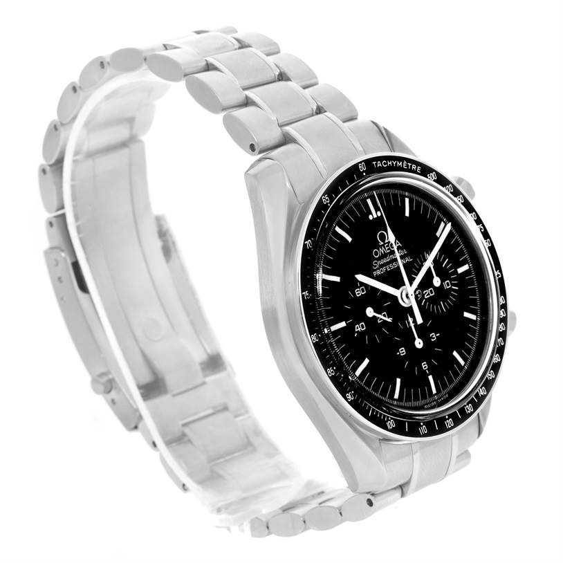 The Omega Speedmaster 3570.50.00 Men
s Stainless Steel Black Dial 3570.50.00 Men
s Stainless Steel Black Dial watch is shown at a three-quarter angle highlighting its face, bezel, and metal bracelet.