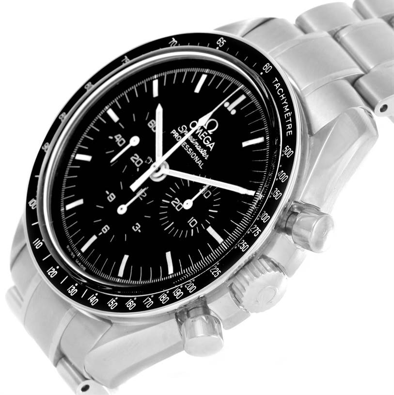 The image shows an angled view of the Omega Speedmaster 3570.50.00 Men
s Stainless Steel Black Dial 3570.50.00 Men
s Stainless Steel Black Dial, highlighting the dial, tachymeter, pushers, and part of the bracelet.