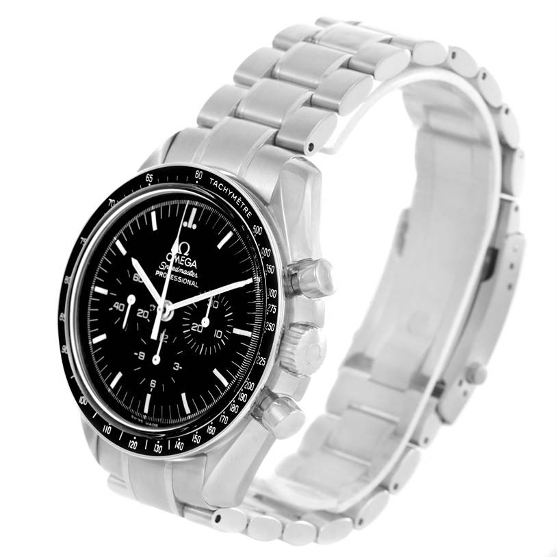 The image shows the Omega Speedmaster 3570.50.00 Men
s Stainless Steel Black Dial 3570.50.00 Men
s Stainless Steel Black Dial watch at a three-quarter angle, highlighting the black dial, tachymeter bezel, and stainless steel bracelet.
