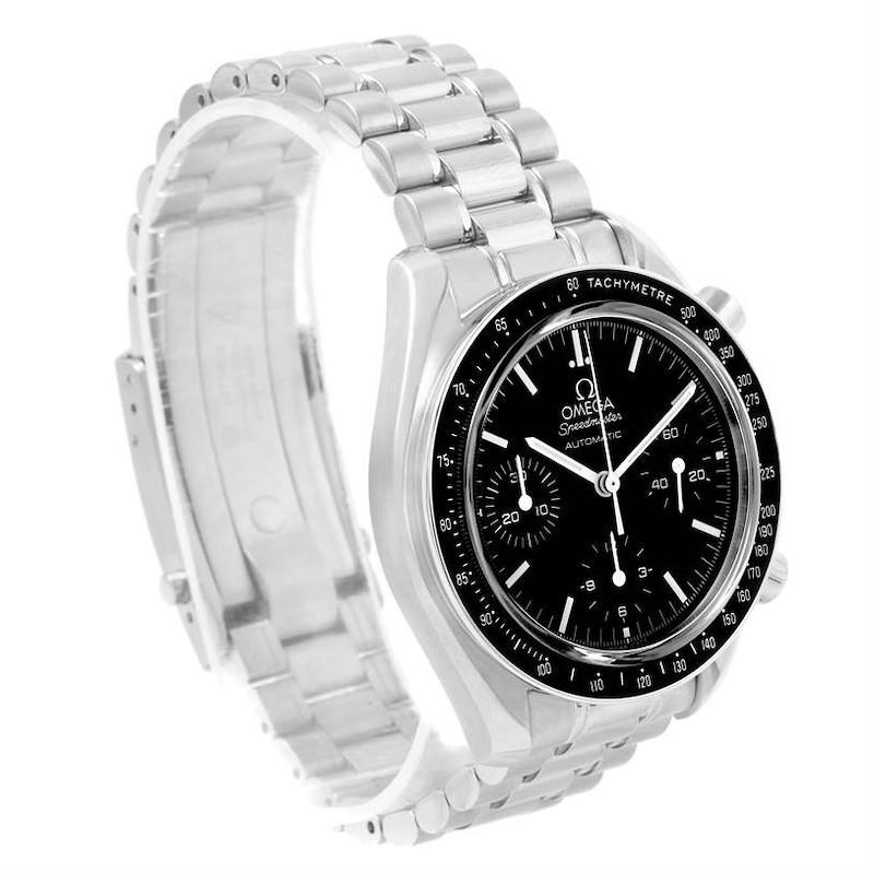 The image shows an Omega Speedmaster watch from an angled front view, displaying the face, bezel, and metal strap.