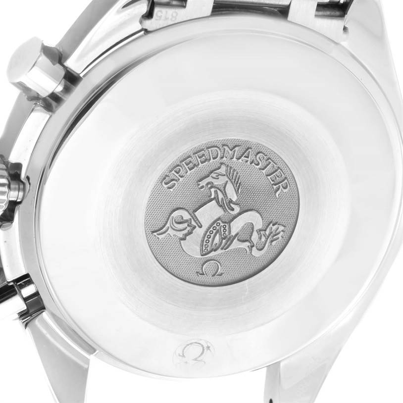 The image shows the back case of an Omega Speedmaster 3539.50.00 Men
s Stainless Steel Black Dial 3539.50.00 Men
s Stainless Steel Black Dial watch, featuring the engraved Speedmaster logo.