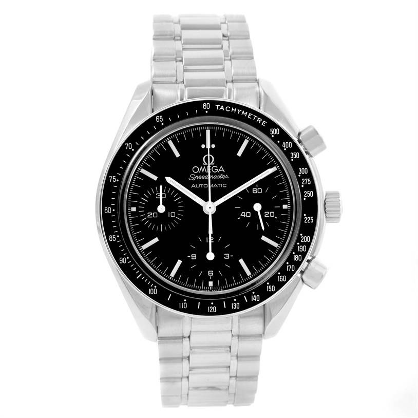 The Omega Speedmaster 3539.50.00 Men
s Stainless Steel Black Dial 3539.50.00 Men
s Stainless Steel Black Dial watch is shown from the front, displaying its dial, bezel, and stainless-steel bracelet.