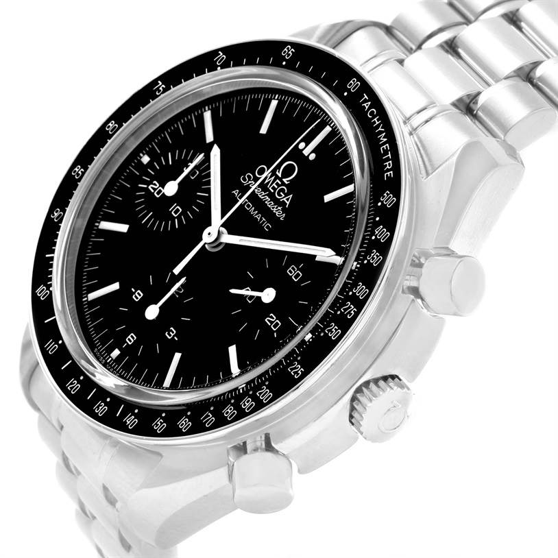 This Omega Speedmaster 3539.50.00 Men
s Stainless Steel Black Dial 3539.50.00 Men
s Stainless Steel Black Dial watch is shown at an angle highlighting the dial, bezel, sub-dials, crown, pushers, and part of the bracelet.