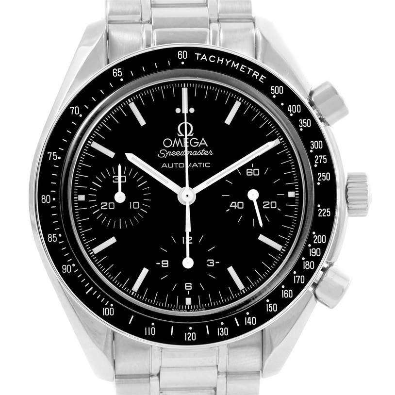 The image shows a front view of the Omega Speedmaster 3539.50.00 Men
s Stainless Steel Black Dial 3539.50.00 Men
s Stainless Steel Black Dial watch, displaying its dial, hands, and tachymeter on a stainless steel bracelet.