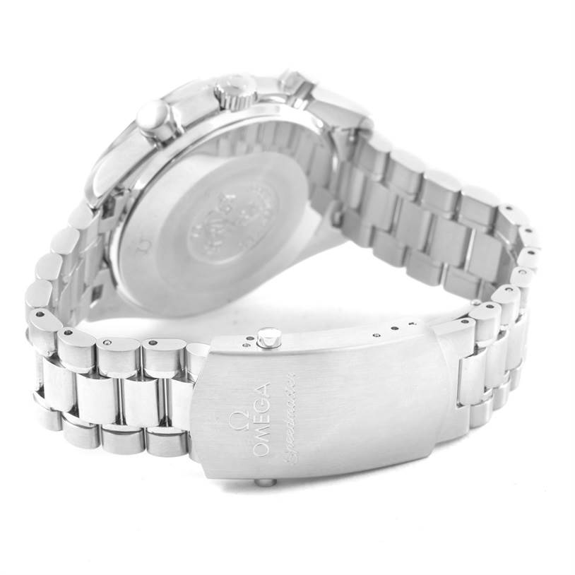 The image shows the back of an Omega Speedmaster 3539.50.00 Men
s Stainless Steel Black Dial 3539.50.00 Men
s Stainless Steel Black Dial watch, including the case back, crown, pushers, and metal bracelet clasp.