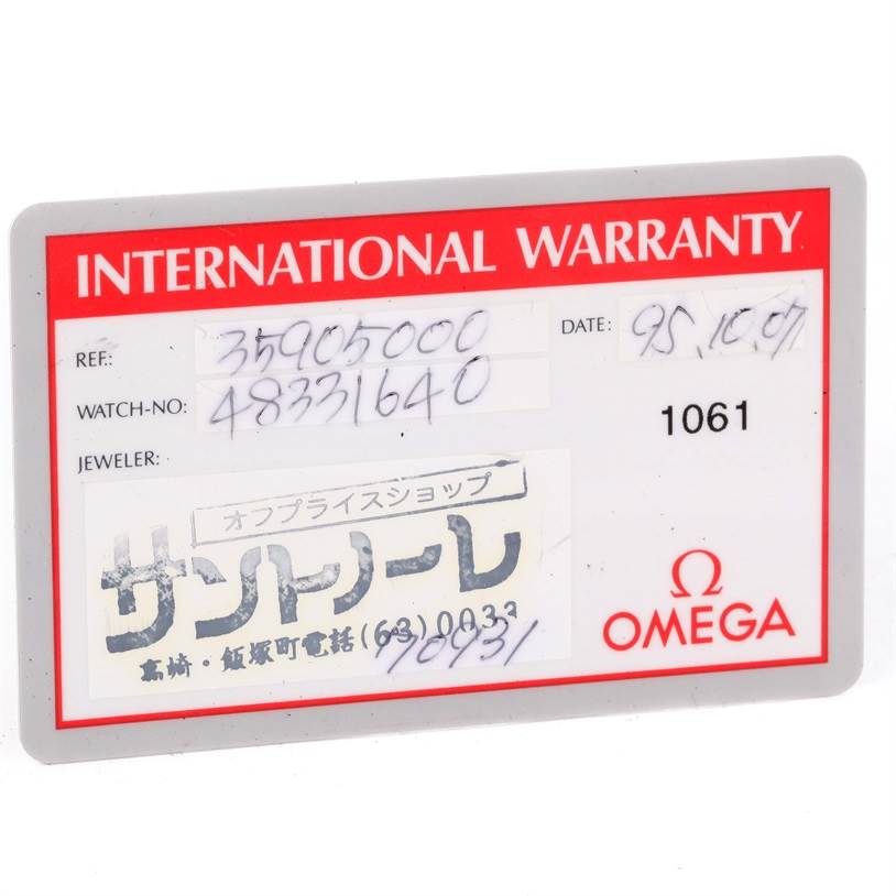 The image shows an international warranty card for an Omega Speedmaster 3590.50.00 Men
s Stainless Steel Black Dial 3590.50.00 Men
s Stainless Steel Black Dial watch, displaying reference and watch numbers.