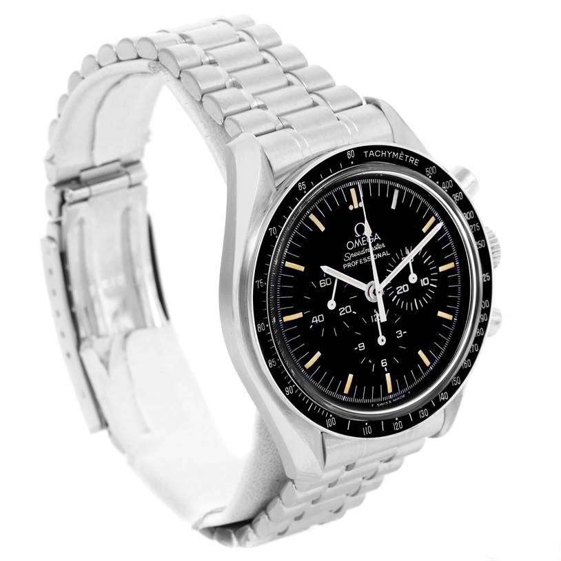The Omega Speedmaster 3590.50.00 Men
s Stainless Steel Black Dial 3590.50.00 Men
s Stainless Steel Black Dial watch is shown from a front-left angle, featuring its dial, bezel, and metal bracelet.