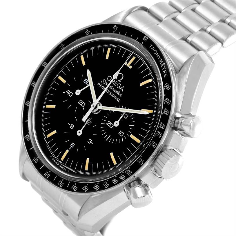 The Omega Speedmaster 3590.50.00 Men
s Stainless Steel Black Dial 3590.50.00 Men
s Stainless Steel Black Dial watch is shown from a front-right angle, highlighting its dial, tachymeter bezel, and side pushers.