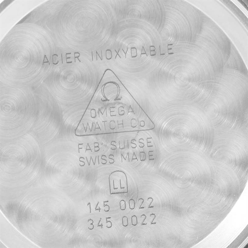 The image shows the caseback interior of the Omega Speedmaster 3590.50.00 Men
s Stainless Steel Black Dial 3590.50.00 Men
s Stainless Steel Black Dial watch, featuring engravings and model details.