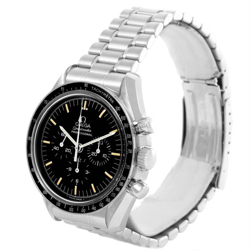 The Omega Speedmaster 3590.50.00 Men
s Stainless Steel Black Dial 3590.50.00 Men
s Stainless Steel Black Dial watch is shown from an angled side view, highlighting its dial, pushers, and metal bracelet.