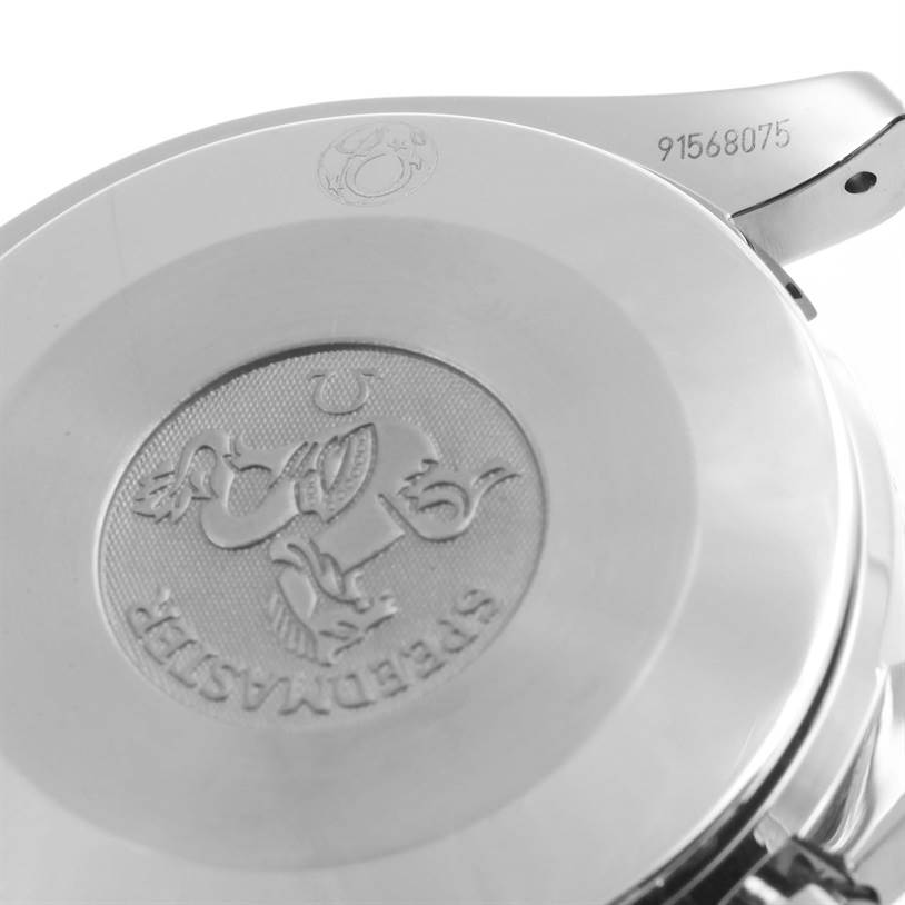 This image shows the backside of an Omega Speedmaster 3539.50.00 Men
s Stainless Steel Black Dial 3539.50.00 Men
s Stainless Steel Black Dial watch, featuring the embossed logo and the serial number on the watch.