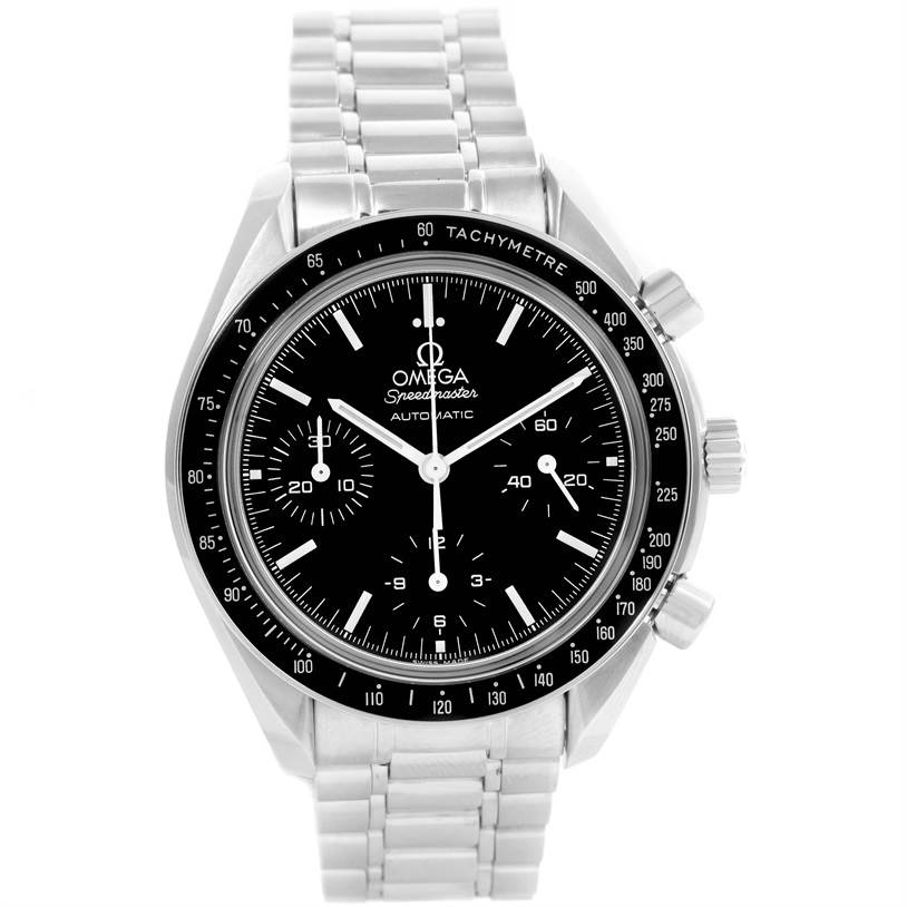 This is a front view of an Omega Speedmaster 3539.50.00 Men
s Stainless Steel Black Dial 3539.50.00 Men
s Stainless Steel Black Dial, showing the dial, tachymeter bezel, and metal bracelet.