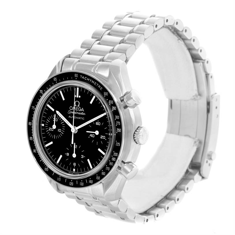 The Omega Speedmaster 3539.50.00 Men
s Stainless Steel Black Dial 3539.50.00 Men
s Stainless Steel Black Dial watch is shown at an oblique angle, highlighting its face, bezel, pushers, crown, and metal bracelet.