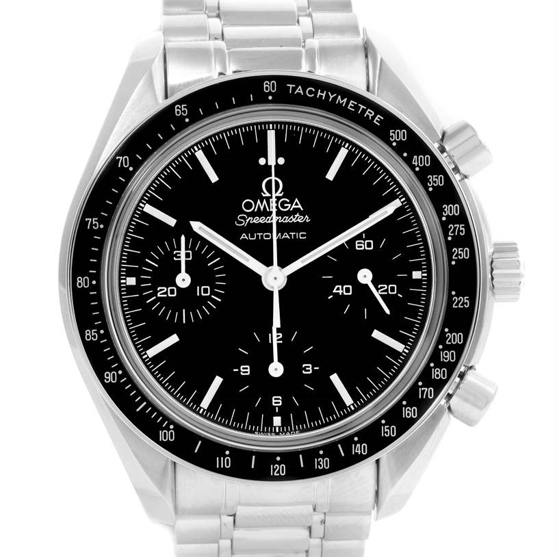 This image shows a front view of the Omega Speedmaster 3539.50.00 Men
s Stainless Steel Black Dial 3539.50.00 Men
s Stainless Steel Black Dial watch, highlighting its dial, tachymeter bezel, and bracelet.