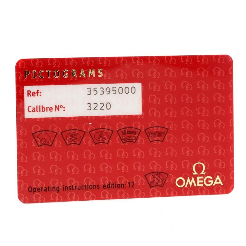 This image shows the pictogram card for an Omega Speedmaster 3539.50.00 Men
s Stainless Steel Black Dial 3539.50.00 Men
s Stainless Steel Black Dial watch, detailing the reference and caliber numbers.