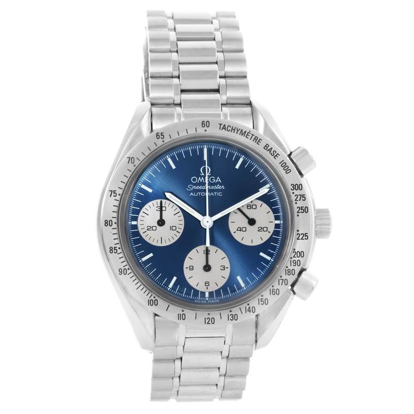 The image shows a front view of the Omega Speedmaster 3510.82.00 Men
s Stainless Steel Blue Dial 3510.82.00 Men
s Stainless Steel Blue Dial watch, highlighting its dial, bezel, chronograph subdials, and metal bracelet.