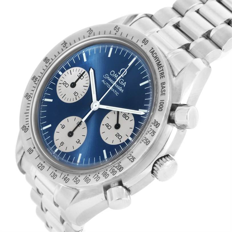 The Omega Speedmaster 3510.82.00 Men
s Stainless Steel Blue Dial 3510.82.00 Men
s Stainless Steel Blue Dial watch is shown from an angled side view featuring the face, bezel, pushers, and stainless steel bracelet.