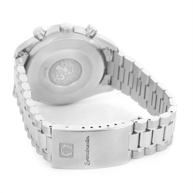 The image shows the back side of the Omega Speedmaster 3510.82.00 Men
s Stainless Steel Blue Dial 3510.82.00 Men
s Stainless Steel Blue Dial watch, focusing on the clasp and bracelet.