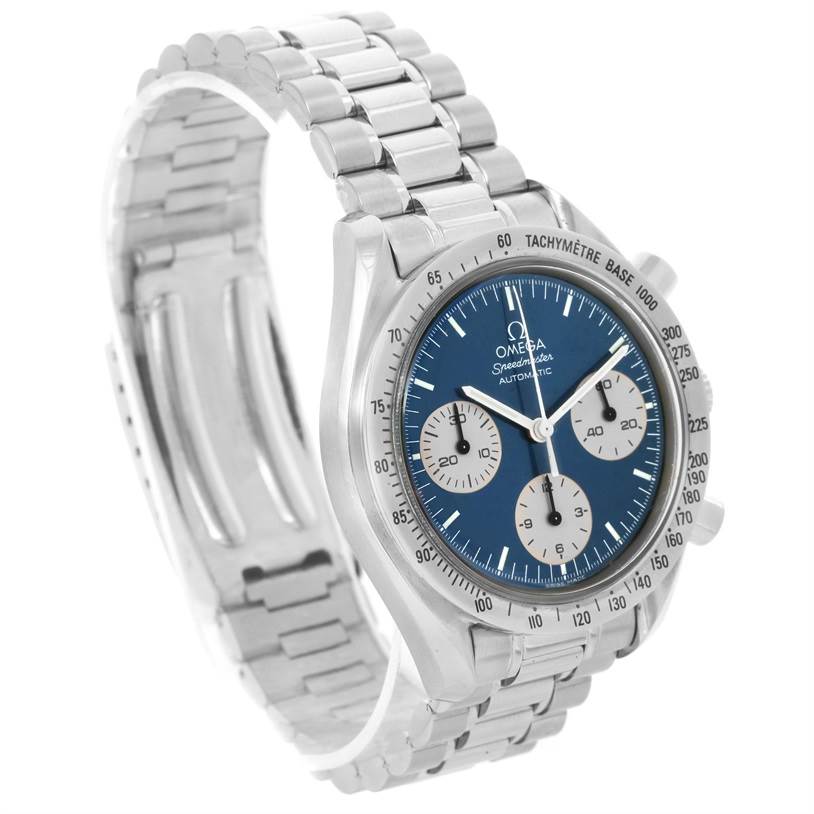 This Omega Speedmaster 3510.82.00 Men
s Stainless Steel Blue Dial 3510.82.00 Men
s Stainless Steel Blue Dial watch is shown at an angle highlighting its face, bezel, and metal bracelet.