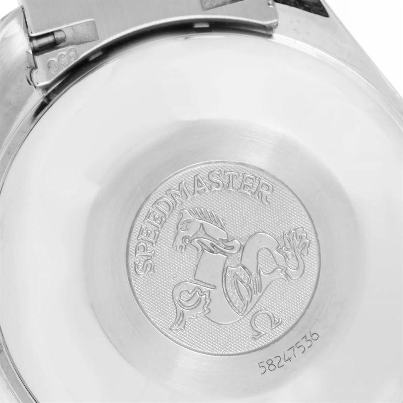 The image shows the back case of an Omega Speedmaster 3513.82.00 Men
s Stainless Steel Blue Dial 3513.82.00 Men
s Stainless Steel Blue Dial watch, featuring the engraved logo and model details.