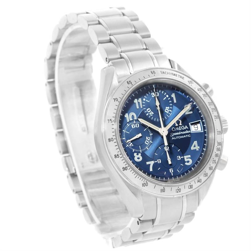 The Omega Speedmaster 3513.82.00 Men
s Stainless Steel Blue Dial 3513.82.00 Men
s Stainless Steel Blue Dial watch is shown at a slight angle, highlighting its blue dial, tachymeter bezel, and stainless steel bracelet.